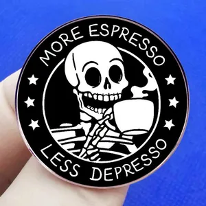 Funny skull espresso enamel pin badge with More Espresso Less Depresso text on blue fabric