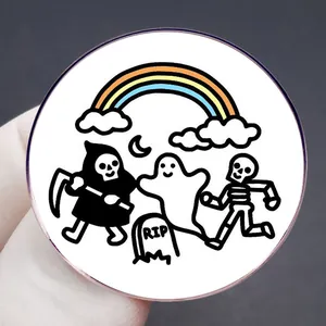 Cartoon Halloween grim reaper and ghost acrylic badge with rainbow and RIP tombstone