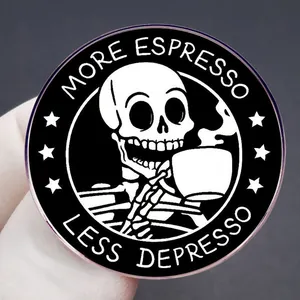 Funny skull espresso enamel pin with More Espresso Less Depresso text on blue background