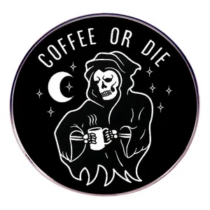 Funny Grim Reaper Drinking Coffee Enamel Pin Coffee Or Die Round Alloy Brooch Badge For Clothes Bags Backpacks Accessories