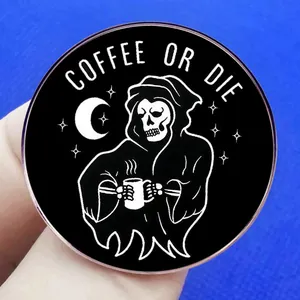 Cartoon Grim Reaper enamel pin with Coffee or Die text and celestial motifs for clothing
