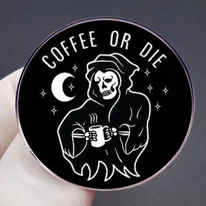 Round Coffee or Die enamel pin featuring a grim reaper holding a mug on black background