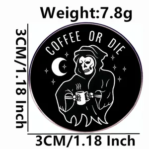 Coffee or Die enamel pin with grim reaper design in black and white finish, 3cm size