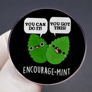 Inspirational round enamel pin with cartoon mints and 'ENCOURAGE-MINT' motivational text