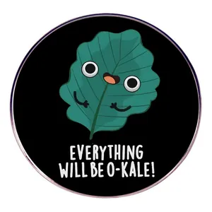 Everything Will Be O-Kale Cartoon Kale Enamel Pin Inspirational Green Leaf Round Alloy Brooch For Backpack Clothes Accessories