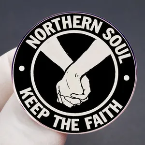 Classic Northern Soul Keep The Faith badge with handshake design and black white contrast