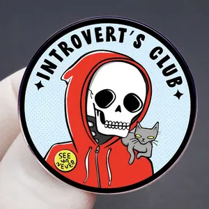 Introvert's Club enamel pin with reaper skeleton, grey cat and See Ya Never quote