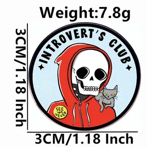 Introvert's Club enamel pin featuring skeleton in red hoodie with cat and measurements