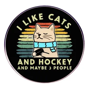 Humorous Cat And Hockey Alloy Brooch Pin Retro Round Metal Badge For Backpack Jacket Decoration Fashion Jewelry Gift
