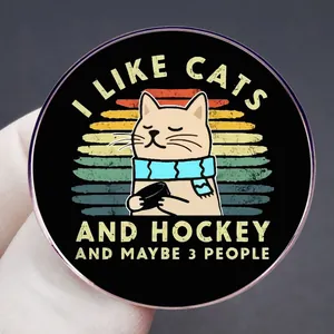 Retro round cat hockey badge featuring a cat with scarf and funny text on a vintage stripe