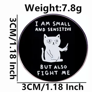 Black cat enamel pin with knife illustration and 3cm diameter dimension markings