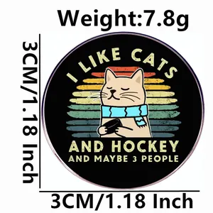 Cartoon cat hockey brooch with I Like Cats and Hockey slogan 3cm diameter pin