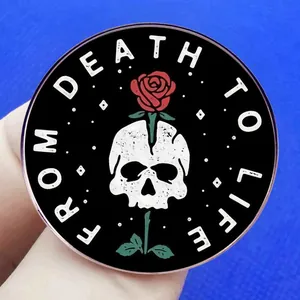 Artistic skeleton and rose enamel pin with From Death to Life text for clothing decor