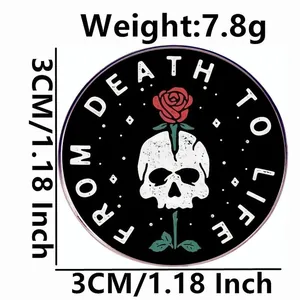Gothic skull and red rose metal brooch badge with From Death to Life lettering