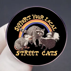 Retro rainbow enamel pin featuring a raccoon and possum with Support Your Local Street Cats text