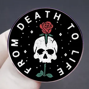 Gothic skull and red rose brooch with From Death To Life text on black round badge