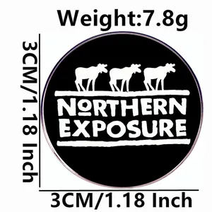 3cm Northern Exposure cartoon elk metal badge featuring three white reindeer silhouettes