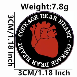 Enamel brooch with realistic heart design and Courage Dear Heart quote, 3cm size
