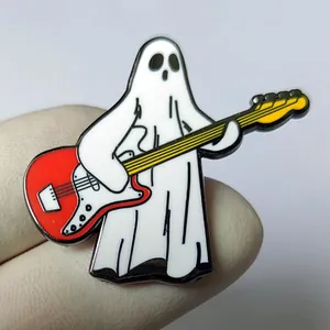 Ghost with guitar enamel pin badge made of white and red metal alloy for music lovers