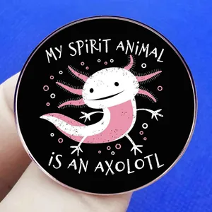 Badge axolotl mignon avec texte 'My Spirit Animal is an Axolotl' sur fond bleu