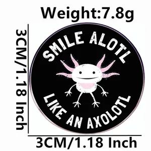 Smiling axolotl enamel pin badge with 3cm diameter and 7.8g weight specification