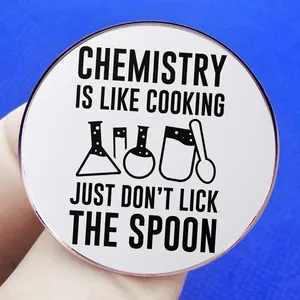 Funny chemistry is like cooking brooch with flask icons and quote on blue background