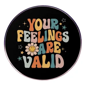 Retro Groovy Your Feelings Are Valid Slogan Brooch Alloy Round Badge Pin For Mental Health Affirmation Gift For Men Women