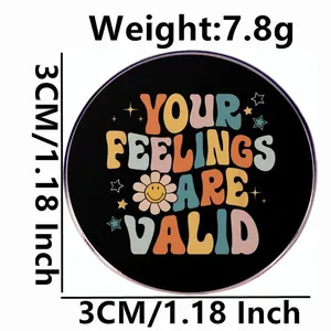 3cm Your Feelings Are Valid round enamel brooch pin with vintage rainbow and sun motifs