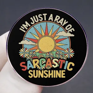 Retro style 'I'M JUST A RAY OF SARCASTIC SUNSHINE' round metal sun brooch pin