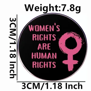 Women's rights are human rights enamel pin, round black metal badge with size info