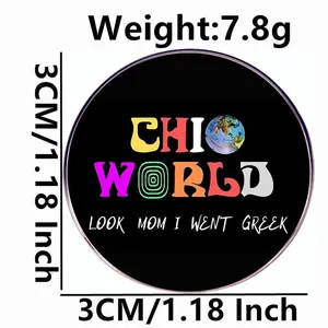 Black round enamel pin with CHIC WORLD and LOOK MOM I WENT GREEK slogan typography