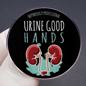 Nephrology Professional Urine Good Hands enamel pin featuring a red kidney graphic