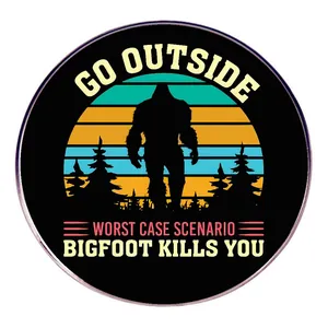 Retro Round Alloy Brooch Pin Bigfoot Silhouette Forest Sunset Slogan Decorative Badge For Backpack Clothing Accessory