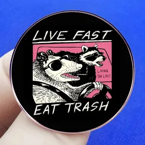 Broche humoristique Live Fast Eat Trash avec raton laveur et opossum en voiture