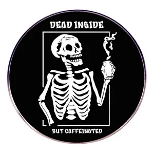 Dead Inside But Caffeinated Enamel Pin Alloy Skeleton Skull Holding Coffee Cup Round Badge Brooch Dark Humor Jewelry For Clothes Backpack