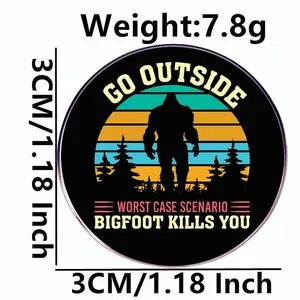 Outdoor Bigfoot humor metal brooch with sunset forest silhouette design, 3cm size