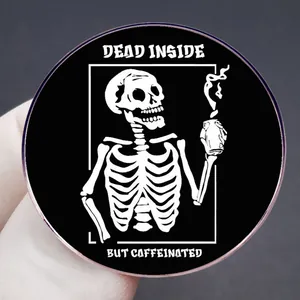 Dead Inside But Caffeinated enamel pin with skeleton holding coffee cup and black metal finish