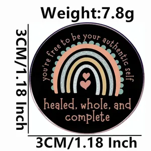 Enamel rainbow brooch pin with motivational text and pink hearts, 1.18 inch diameter