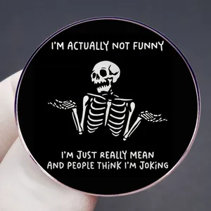 Funny enamel pin with skull motif and sarcastic text displayed on a gray background