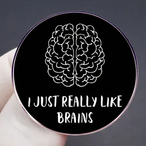 Funny I JUST REALLY LIKE BRAINS round enamel pin featuring a white brain anatomy line art