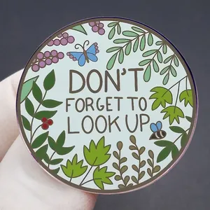 Enamel pin with Don't Forget To Look Up quote, blue sky background with nature motifs
