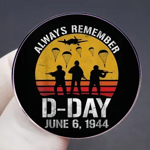 Vintage D-Day Normandy landing commemorative round metal alloy pin badge with paratrooper design