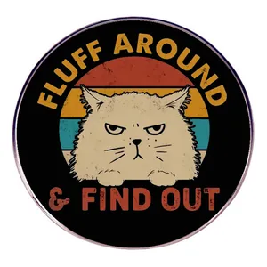 Funny Grumpy Cat Fluff Around And Find Out Brooch Retro Sunset Stripes Alloy Circular Badge Pin For Clothing Bags Jewelry