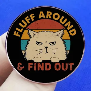 Funny cartoon cat enamel pin with Fluff Around & Find Out slogan and retro stripes
