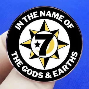 Gods and Earths enamel pin featuring a number seven and star on yellow background