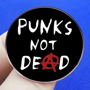 Punks Not Dead round metal brooch pin with red anarchy symbol for clothing and bags