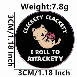 Cat with D20 dice enamel pin badge for gamers 3cm diameter stainless steel brooch