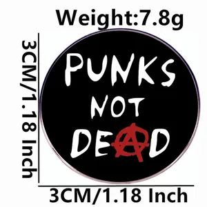Punk Not Dead metal pin badge with anarchy symbol for rock music style, 3cm diameter