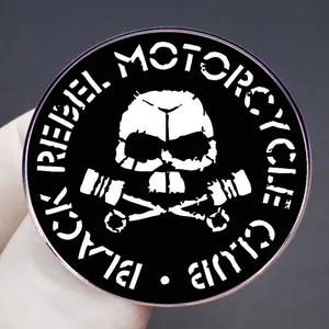 Black Rebel Motorcycle Club pin badge featuring skull and cross pistons design