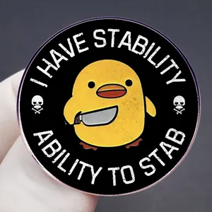 Funny cartoon chick metal badge with I Have Stability text and small knife graphic